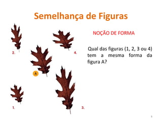 Semelhança de Figuras
NOÇÃO DE FORMA
Qual das figuras (1, 2, 3 ou 4)
tem a mesma forma da
figura A?
8
 