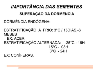 IMPORTÂNCIA DAS SEMENTES
SUPERAÇÃO DA DORMÊNCIA
DORMÊNCIA ENDÓGENA:
ESTRATIFICAÇÃO A FRIO: 3°C / 15DIAS -6
MESES
EX: ACER.
ESTRATIFICAÇÃO ALTERNADA: 25°C - 16H
15°C - 08H
3°C - 24H
EX: CONÍFERAS.
 
