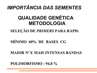IMPORTÂNCIA DAS SEMENTES
SELEÇÃO DE PRIMERS PARA RAPD:
MÍNIMO 60% DE BASES CG
MAIOR Nº E MAIS INTENSAS BANDAS
POLIMORFISMO : 94,8 %
QUALIDADE GENÉTICA
METODOLOGIA
 