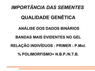 IMPORTÂNCIA DAS SEMENTES
QUALIDADE GENÉTICA
ANÁLISE DOS DADOS BINÁRIOS
BANDAS MAIS EVIDENTES NO GEL
RELAÇÃO INDIVÍDUOS : PRIMER : P.Mol.
% POLIMORFISMO= N.B.P./N.T.B.
 