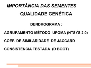 IMPORTÂNCIA DAS SEMENTES
QUALIDADE GENÉTICA
DENDROGRAMA :
AGRUPAMENTO MÉTODO UPGMA (NTSYS 2.0)
COEF. DE SIMILARIDADE DE JACCARD
CONSISTÊNCIA TESTADA (D BOOT)
 
