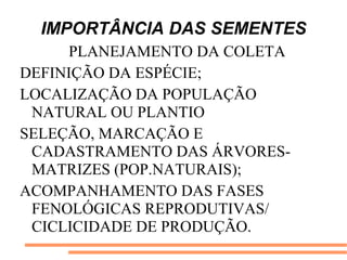 IMPORTÂNCIA DAS SEMENTES
PLANEJAMENTO DA COLETA
DEFINIÇÃO DA ESPÉCIE;
LOCALIZAÇÃO DA POPULAÇÃO
NATURAL OU PLANTIO
SELEÇÃO, MARCAÇÃO E
CADASTRAMENTO DAS ÁRVORES-
MATRIZES (POP.NATURAIS);
ACOMPANHAMENTO DAS FASES
FENOLÓGICAS REPRODUTIVAS/
CICLICIDADE DE PRODUÇÃO.
 