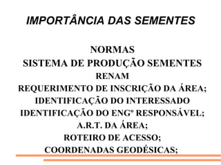 IMPORTÂNCIA DAS SEMENTES
NORMAS
SISTEMA DE PRODUÇÃO SEMENTES
RENAM
REQUERIMENTO DE INSCRIÇÃO DA ÁREA;
IDENTIFICAÇÃO DO INTERESSADO
IDENTIFICAÇÃO DO ENGº RESPONSÁVEL;
A.R.T. DA ÁREA;
ROTEIRO DE ACESSO;
COORDENADAS GEODÉSICAS;
 