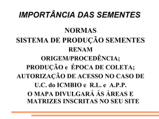 IMPORTÂNCIA DAS SEMENTES
NORMAS
SISTEMA DE PRODUÇÃO SEMENTES
RENAM
ORIGEM/PROCEDÊNCIA;
PRODUÇÃO e ÉPOCA DE COLETA;
AUTORIZAÇÃO DE ACESSO NO CASO DE
U.C. do ICMBIO e R.L. e A.P.P.
O MAPA DIVULGARÁ ÁS ÁREAS E
MATRIZES INSCRITAS NO SEU SITE
 