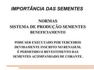 IMPORTÂNCIA DAS SEMENTES
NORMAS
SISTEMA DE PRODUÇÃO SEMENTES
BENEFICIAMENTO
PODE SER EXECUTADO POR TERCEIROS
DEVIDAMENTE INSCRITO NO RENASEM;
É PERMITIDO O REVESTIMENTO DAS
SEMENTES ACOMPANHADO DE CORANTE.
 
