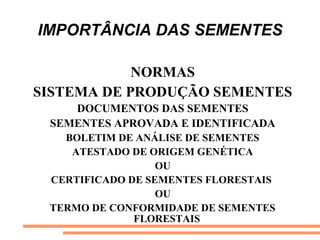 IMPORTÂNCIA DAS SEMENTES
NORMAS
SISTEMA DE PRODUÇÃO SEMENTES
DOCUMENTOS DAS SEMENTES
SEMENTES APROVADA E IDENTIFICADA
BOLETIM DE ANÁLISE DE SEMENTES
ATESTADO DE ORIGEM GENÉTICA
OU
CERTIFICADO DE SEMENTES FLORESTAIS
OU
TERMO DE CONFORMIDADE DE SEMENTES
FLORESTAIS
 