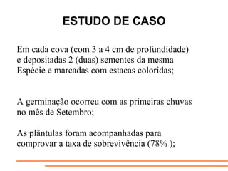 ESTUDO DE CASO
Em cada cova (com 3 a 4 cm de profundidade)
e depositadas 2 (duas) sementes da mesma
Espécie e marcadas com estacas coloridas;
A germinação ocorreu com as primeiras chuvas
no mês de Setembro;
As plântulas foram acompanhadas para
comprovar a taxa de sobrevivência (78% );
 
