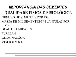 IMPORTÂNCIA DAS SEMENTES
QUALIDADE FÍSICA E FISIOLÓGICA
NUMERO DE SEMENTES POR KG;
MASSA DE MIL SEMENTES/Nº PLANTULAS POR
KG;
GRAU DE UMIDADE%
PUREZA%
GERMINAÇÃO%
VIGOR (I.V.G.)
 