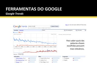 FERRAMENTAS DO GOOGLE Para saber quais das palavras-chaves escolhidas possuem mais relevância . Google Trends 