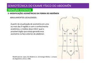 SEMIOTÉCNICA DO EXAME FÍSICO DO ABDOMÊN
INSPEÇÃO ESTÁTICA
INSPEÇÃO
2- MODIFICAÇÕES ASSIMÉTRICAS DA FORMA DO ABDÔMEN
  ABAULAMENTOS LOCALIZADOS:


  A partir da visualização de assimetria em uma
  ou mais das 9 regiões e com o conhecimento
  anatômico, o médico deve inferir qual o
  provável órgão que esteja gerando essa
  assimetria na face anterior do abdômen




    Modificado de: López, M; Medeiros JL. Semiologia Médica - as bases
    do diagnóstico clínico; 1986.
 