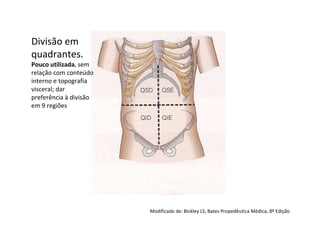 Divisão em
quadrantes.
Pouco utilizada, sem
relação com conteúdo
interno e topografia
visceral; dar
preferência à divisão
em 9 regiões




                        Modificado de: Bickley LS, Bates Propedêutica Médica, 8º Edição
 