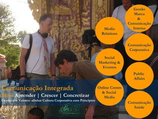 Gestão Marca &  Comunicação Interna Comunicação Integrada Moto  Aprender | Crescer | Concretizar Gestão por Valores: alinhar Cultura Corporativa com Princípios Comunicação Corporativa Public  Affairs Comunicação Saúde Media Relations Social Marketing & Eventos Online Comm & Social  Media 