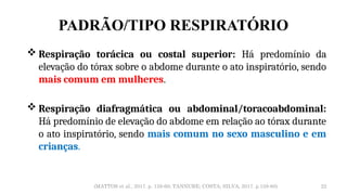 22
PADRÃO/TIPO RESPIRATÓRIO
 Respiração torácica ou costal superior: Há predomínio da
elevação do tórax sobre o abdome durante o ato inspiratório, sendo
mais comum em mulheres.
 Respiração diafragmática ou abdominal/toracoabdominal:
Há predomínio de elevação do abdome em relação ao tórax durante
o ato inspiratório, sendo mais comum no sexo masculino e em
crianças.
(MATTOS et al., 2017. p. 159-60; TANNURE; COSTA; SILVA, 2017. p.158-60)
 