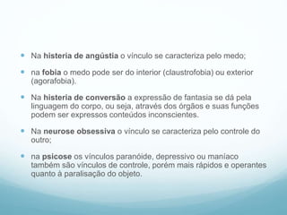  Na histeria de angústia o vínculo se caracteriza pelo medo;
 na fobia o medo pode ser do interior (claustrofobia) ou exterior
(agorafobia).
 Na histeria de conversão a expressão de fantasia se dá pela
linguagem do corpo, ou seja, através dos órgãos e suas funções
podem ser expressos conteúdos inconscientes.
 Na neurose obsessiva o vínculo se caracteriza pelo controle do
outro;
 na psicose os vínculos paranóide, depressivo ou maníaco
também são vínculos de controle, porém mais rápidos e operantes
quanto à paralisação do objeto.
 