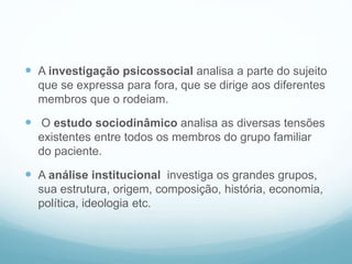  A investigação psicossocial analisa a parte do sujeito
que se expressa para fora, que se dirige aos diferentes
membros que o rodeiam.
 O estudo sociodinâmico analisa as diversas tensões
existentes entre todos os membros do grupo familiar
do paciente.
 A análise institucional investiga os grandes grupos,
sua estrutura, origem, composição, história, economia,
política, ideologia etc.
 
