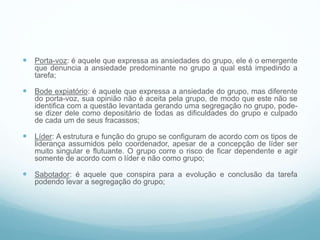  Porta-voz: é aquele que expressa as ansiedades do grupo, ele é o emergente
que denuncia a ansiedade predominante no grupo a qual está impedindo a
tarefa;
 Bode expiatório: é aquele que expressa a ansiedade do grupo, mas diferente
do porta-voz, sua opinião não é aceita pela grupo, de modo que este não se
identifica com a questão levantada gerando uma segregação no grupo, pode-
se dizer dele como depositário de todas as dificuldades do grupo e culpado
de cada um de seus fracassos;
 Líder: A estrutura e função do grupo se configuram de acordo com os tipos de
liderança assumidos pelo coordenador, apesar de a concepção de líder ser
muito singular e flutuante. O grupo corre o risco de ficar dependente e agir
somente de acordo com o líder e não como grupo;
 Sabotador: é aquele que conspira para a evolução e conclusão da tarefa
podendo levar a segregação do grupo;
 