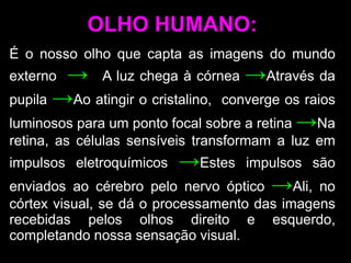 OLHO HUMANO:
É o nosso olho que capta as imagens do mundo
externo → A luz chega à córnea →Através da
pupila →Ao atingir o cristalino, converge os raios
luminosos para um ponto focal sobre a retina →Na
retina, as células sensíveis transformam a luz em
impulsos eletroquímicos   →Estes    impulsos são
enviados ao cérebro pelo nervo óptico →Ali, no
córtex visual, se dá o processamento das imagens
recebidas pelos olhos direito e esquerdo,
completando nossa sensação visual.
 