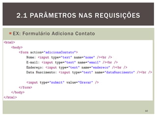  EX: Formulário Adiciona Contato
10
2.1 PARÂMETROS NAS REQUISIÇÕES
 
