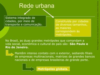Rede urbana
Mantêm intenso contato com o exterior, sediando filiais
de empresas multinacionais, matrizes de grandes bancos
nacionais e de empresas brasileiras de grande porte.
Sistema integrado de
cidades, por meio de
transporte e comunicação.
Constituída por cidades
de diversos tamanhos,
as maiores
correspondem às
metrópoles.
No Brasil, as duas grandes metrópoles que comandam a
vida social, econômica e cultural do país são: São Paulo e
Rio de Janeiro.
Metrópoles globais.
ParteintegrantedaobraGeografiahomem&espaço,EditoraSaraiva
 