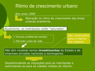 Ritmo de crescimento urbano
Desestimulando as migrações para as metrópoles e
estimulando-as para as cidades médias do interior.
Nos anos 1990
Alteração no ritmo de crescimento das áreas
urbanas brasileiras.
Atualmente, as metrópoles estão “saturadas”.
• Graves problemas sociais;
• Elevado custo de vida.
Não têm recebido tantos investimentos do Estado e de
empresas privadas nacionais e estrangeiras.
São canalizados
para o interior
dos estados.
ParteintegrantedaobraGeografiahomem&espaço,EditoraSaraiva
 