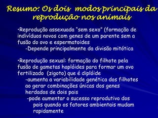 Resumo: Os dois modos principais da
     reprodução nos animais
  •Reprodução assexuada “sem sexo” (formação de
  indivídu...