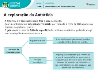 A exploração da Antártida
•	A Antártida é o continente mais frio e seco do mundo.
•	Quarto continente em extensão territorial e corresponde a cerca de 10% das terras
emersas do globo terrestre.
•	O gelo recobre cerca de 98% da superfície do continente antártico, podendo atingir
mais de 4 quilômetros de espessura.
A Antártida possui gás natural, petróleo,
carvão, minério de ferro e chumbo.
Alguns países defendem que a Antártida
é uma área passível de ser apropriada e
há aqueles que defendem que a Antártida
não deva ter nenhuma nacionalidade, e
ser explorada somente com pesquisas que
beneficiem a humanidade.
Riquezas naturais
Posição
estratégica
Interesse de
diversos países
UNIDADE 6
TEMA 2 APROVEITAMENTO DOS RECURSOS NATURAIS
GEOGRAFIA
AMÉRICA DO SUL
 