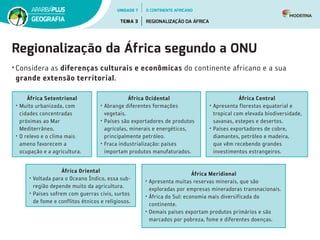 Regionalização da África segundo a ONU
•	Considera as diferenças culturais e econômicas do continente africano e a sua
grande extensão territorial.
África Setentrional
•	Muito urbanizada, com
cidades concentradas
próximas ao Mar
Mediterrâneo.
•	O relevo e o clima mais
ameno favorecem a
ocupação e a agricultura.
África Ocidental
•	Abrange diferentes formações
vegetais.
•	Países são exportadores de produtos
agrícolas, minerais e energéticos,
principalmente petróleo.
•	Fraca industrialização: países
importam produtos manufaturados.
África Central
•	Apresenta florestas equatorial e
tropical com elevada biodiversidade,
savanas, estepes e desertos.
•	Países exportadores de cobre,
diamantes, petróleo e madeira,
que vêm recebendo grandes
investimentos estrangeiros.
África Meridional
•	Apresenta muitas reservas minerais, que são
exploradas por empresas mineradoras transnacionais.
•	África do Sul: economia mais diversificada do
continente.
•	Demais países exportam produtos primários e são
marcados por pobreza, fome e diferentes doenças.
África Oriental
•	Voltada para o Oceano Índico, essa sub-
região depende muito da agricultura.
•	Países sofrem com guerras civis, surtos
de fome e conflitos étnicos e religiosos.
UNIDADE 7
TEMA 3 REGIONALIZAÇÃO DA ÁFRICA
GEOGRAFIA
O CONTINENTE AFRICANO
 