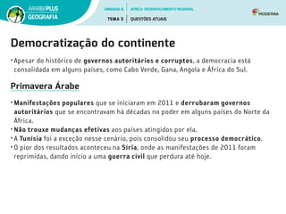 Democratização do continente
•	Apesar do histórico de governos autoritários e corruptos, a democracia está
consolidada em alguns países, como Cabo Verde, Gana, Angola e África do Sul.
Primavera Árabe
•	Manifestações populares que se iniciaram em 2011 e derrubaram governos
autoritários que se encontravam há décadas no poder em alguns países do Norte da
África.
•	Não trouxe mudanças efetivas aos países atingidos por ela.  
•	A Tunísia foi a exceção nesse cenário, pois consolidou seu processo democrático.
•	O pior dos resultados aconteceu na Síria, onde as manifestações de 2011 foram
reprimidas, dando início a uma guerra civil que perdura até hoje.
UNIDADE 8
TEMA 3 QUESTÕES ATUAIS
GEOGRAFIA
ÁFRICA: DESENVOLVIMENTO REGIONAL
 
