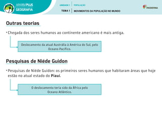 Outras teorias
•	Chegada dos seres humanos ao continente americano é mais antiga.
Deslocamento da atual Austrália à América do Sul, pelo
Oceano Pacífico.
Pesquisas de Niéde Guidon
•	Pesquisas de Niéde Guidon: os primeiros seres humanos que habitaram áreas que hoje
estão no atual estado do Piauí.
O deslocamento teria sido da África pelo 	
Oceano Atlântico.
UNIDADE 1
TEMA 1 MOVIMENTOS DA POPULAÇÃO NO MUNDO
GEOGRAFIA
POPULAÇÃO
 