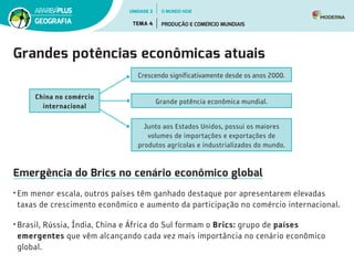 Grandes potências econômicas atuais
Crescendo significativamente desde os anos 2000.
Grande potência econômica mundial.
Junto aos Estados Unidos, possui os maiores
volumes de importações e exportações de
produtos agrícolas e industrializados do mundo.
China no comércio
internacional
Emergência do Brics no cenário econômico global
•	Em menor escala, outros países têm ganhado destaque por apresentarem elevadas
taxas de crescimento econômico e aumento da participação no comércio internacional.
•	Brasil, Rússia, Índia, China e África do Sul formam o Brics: grupo de países
emergentes que vêm alcançando cada vez mais importância no cenário econômico
global.
UNIDADE 2
TEMA 4 PRODUÇÃO E COMÉRCIO MUNDIAIS
GEOGRAFIA
O MUNDO HOJE
 