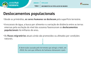 Deslocamentos populacionais
•	Desde os primórdios, os seres humanos se deslocam pela superfície terrestre.
•	A escassez de água, a busca por alimento e a variação de distância entre as terras
emersas pela oscilação do nível dos oceanos favoreceram os deslocamentos
populacionais há milhares de anos.
•	Os fluxos migratórios atuais ainda são promovidos ou afetados por condições
naturais.
A destruição causada pelo terremoto que atingiu o Haiti, em
2010, fez com que milhares de haitianos deixassem o país.
UNIDADE 1
TEMA 1 MOVIMENTOS DA POPULAÇÃO NO MUNDO
GEOGRAFIA
POPULAÇÃO
 