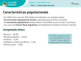 Características populacionais
•	Em 2018, havia mais de 328 milhões de habitantes nos Estados Unidos.
•	Terceira maior população do mundo, superada pelas da China e da Índia.
•	O crescimento populacional estadunidense é de 0,78% ao ano; só não é mais baixo
por causa do intenso fluxo migratório, principalmente da América Central e da Ásia.
Composição étnica
•	Brancos – 76,9%.
•	Afrodescendentes – 13,3%.
•	Asiáticos – 5,7%.
•	Indígenas e nativos do Alasca – 1,3%.
•	Outros grupos – 2,8%.
Até 2043, projeções indicam
que a população branca será
minoria. A maioria será de
afrodescendentes e de latinos.
UNIDADE 4
TEMA 2 ESTADOS UNIDOS: POPULAÇÃO
GEOGRAFIA
ESTADOS UNIDOS E CANADÁ
 