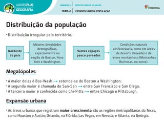 Distribuição da população
•	Distribuição irregular pelo território.
Megalópoles
•	A maior delas é Bos-Wash estende-se de Boston a Washington.
•	A segunda maior é chamada de San-San entre San Francisco e San Diego.
•	A terceira maior é conhecida como Chi-Pitts entre Chicago e Pittsburgh.
Expansão urbana
•	As áreas urbanas que registram maior crescimento são as regiões metropolitanas do Texas,
como Houston e Austin; Orlando, na Flórida; Las Vegas, em Nevada; e Atlanta, na Geórgia.
Nordeste
do país
Vastos espaços
pouco povoados
Maiores densidades
demográficas,
especialmente na
região de Boston, Nova
York e Washington.
Condições naturais
desfavoráveis, como em áreas
de deserto (Nevada) e de
relevo montanhoso (Montanhas
Rochosas, no oeste).
UNIDADE 4
TEMA 2 ESTADOS UNIDOS: POPULAÇÃO
GEOGRAFIA
ESTADOS UNIDOS E CANADÁ
 