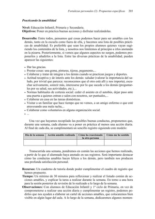 Fortalezas personales (2). Propuestas específicas 203
Practicando la amabilidad
Nivel: Educación Infantil, Primaria y Secundaria.
Objetivos: Poner en práctica buenas acciones y disfrutar realizándolas.
Desarrollo: Entre todos, pensamos qué cosas podemos hacer para ser amables con los
demás, tanto en la escuela como fuera de ella, y hacemos una lista de posibles prácti-
cas de amabilidad. Es preferible que sean los propios alumnos quienes vayan sugi-
riendo los contenidos de la lista, y nosotros nos limitemos al principio a irlos anotando
en la pizarra. Posteriormente, si vemos que algunos aspectos no surgen, podemos pro-
ponerlos y añadirlos a la lista. Entre las diversas prácticas de la amabilidad, pueden
aparecer las siguientes:
• Dar las gracias.
• Prestar cosas: una goma, pinturas, tijeras, pegamento,...
• Colaborar y tratar de integrar a los demás cuando se practican juegos y deportes.
• Actitud receptiva y de interés ante los demás: saludar (valorar la importancia del sa-
ludo, por trivial que parezca: reconocemos que el otro está allí y nos importa), escu-
char activamente, sonreír más, interesarse por lo que sucede a los demás (preguntar-
les por su salud, sus actividades, etc.),...
• Normas habituales de cortesía social: ceder el asiento en el autobús, dejar paso ante
una puerta a quienes entran o salen con nosotros, ser puntuales,...
• Colaborar en casa en las tareas domésticas.
• Visitar a un familiar que hace tiempo que no vemos, a un amigo enfermo o que esté
atravesando una mala racha,...
• Colaborar como voluntarios en alguna organización social.
• ...
Una vez que hayamos recopilado las posibles buenas conductas, proponemos que,
durante una semana, cada alumno va a poner en práctica al menos una acción diaria.
Al final de cada día, se cumplimentará un sencillo registro siguiendo este modelo:
Día de la semana Acción amable realizada Cómo ha reaccionado
la otra persona
Cómo me he sentido
Transcurrida una semana, pondremos en común las acciones que hemos realizado,
a partir de lo que el alumnado haya anotado en sus registros. Será importante destacar
cómo las conductas amables hacen felices a los demás, pero también nos producen
una profunda satisfacción personal.
Recursos: Un cuaderno de tutoría donde poder cumplimentar el cuadro de registro que
hemos propuesto.
Tiempo: Un mínimo de 30 minutos para reflexionar y realizar el listado común de ac-
ciones amables, y explicar la tarea a realizar durante la semana. En torno a una hora
para la sesión posterior de revisión de lo realizado a lo largo de la semana.
Observaciones: Con alumnos de Educación Infantil y 1º ciclo de Primaria, en vez de
comprometerse a realizar una acción diaria y cumplimentar un registro, podemos pe-
dirles que nos ayuden a elaborar un cartel de acciones amables, que colocaremos bien
visible en algún lugar del aula. A lo largo de la semana, dedicaremos algunos momen-
 