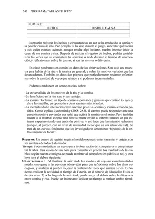 342 PROGRAMA “AULAS FELICES”
NOMBRE:
HECHOS POSIBLE CAUSA
Intentarán registrar los hechos o circunstancias en que se ha producido la sonrisa y
la posible causa de ella. Por ejemplo, si ha sido durante el juego, concretar qué hacían
y con quién estaban; además, aunque resulte algo incierto, pueden intentar intuir la
causa de esa sonrisa o risa. Después de realizar el registro de hechos, podrán contabi-
lizar las veces que su compañero ha sonreído o reído durante el tiempo de observa-
ción, y reflexionarán sobre las causas, si son las mismas o diferentes.
En clase pondremos en común los datos de las observaciones. Son solo una mues-
tra para hablar de la risa y la sonrisa en general, y sobre los motivos variados que las
desencadenan. También los datos dan pie para que particularmente podamos reflexio-
nar sobre la cantidad de veces que reímos, y si podemos incrementarlas.
Podemos establecer un debate en clase sobre:
-La universalidad de los motivos de la risa y la sonrisa.
-Lo beneficioso de la risa sana y sus ventajas.
-La sonrisa Duchenne: un tipo de sonrisa espontánea y genuina que contrae los ojos y
eleva las mejillas, en oposición a otras sonrisas más forzadas.
-La reversibilidad e interacción entre emoción positiva–sonrisa y sonrisa–emoción po-
sitiva. Como explica Lyubomirsky (2008: 283), el cerebro puede responder ante una
emoción positiva enviando una señal que activa la sonrisa en el rostro. Pero también
sucede a la inversa: esbozar una sonrisa puede enviar al cerebro señales de que es-
tamos experimentando una emoción positiva, y eso hace que la sintamos realmente
(aunque, al parecer, con un nivel de intensidad menor que en una situación real). Se
trata de un curioso fenómeno que los investigadores denominan “hipótesis de la re-
troalimentación facial”.
Recursos: Un cuadro de registro según el modelo expuesto anteriormente, y tarjetas con
los nombres de todo el alumnado.
Tiempo: Podemos dedicar un recreo para la observación del compañeros y cumplimen-
tar la tabla. Una sesión de una hora para comentar en general los resultados de las ta-
blas (según nuestra consigna, se puede nombrar al compañero en público o no), y otra
hora para el debate siguiente.
Observaciones: 1) Al finalizar la actividad, los cuadros de registro cumplimentados
pueden entregarse a las personas observadas para que reflexionen sobre los datos re-
cogidos, y analicen si pueden mejorar la cantidad de veces que sonríen o ríen. 2) Po-
demos realizar la actividad en tiempo de Tutoría, en el horario de Educación Física o
de otra área. 3) A lo largo de la actividad, puede surgir el debate sobre la diferencia
entre sonrisa y risa. Puede ser interesante dedicar un tiempo a matizar ambos térmi-
nos.
 