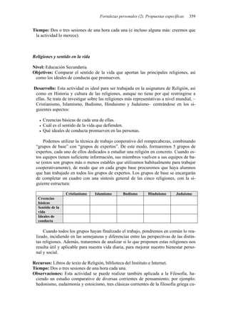 Fortalezas personales (2). Propuestas específicas 359
Tiempo: Dos o tres sesiones de una hora cada una (e incluso alguna más: creemos que
la actividad lo merece).
Religiones y sentido en la vida
Nivel: Educación Secundaria.
Objetivos: Comparar el sentido de la vida que aportan las principales religiones, así
como los ideales de conducta que promueven.
Desarrollo: Esta actividad es ideal para ser trabajada en la asignatura de Religión, así
como en Historia y cultura de las religiones, aunque no tiene por qué restringirse a
ellas. Se trata de investigar sobre las religiones más representativas a nivel mundial, –
Cristianismo, Islamismo, Budismo, Hinduismo y Judaísmo– centrándose en los si-
guientes aspectos:
• Creencias básicas de cada una de ellas.
• Cuál es el sentido de la vida que defienden.
• Qué ideales de conducta promueven en las personas.
Podemos utilizar la técnica de trabajo cooperativo del rompecabezas, combinando
“grupos de base” con “grupos de expertos”. De este modo, formaremos 5 grupos de
expertos, cada uno de ellos dedicados a estudiar una religión en concreto. Cuando es-
tos equipos tienen suficiente información, sus miembros vuelven a sus equipos de ba-
se (estos son grupos más o menos estables que utilizamos habitualmente para trabajar
cooperativamente), de modo que en cada grupo base procuremos que haya alumnos
que han trabajado en todos los grupos de expertos. Los grupos de base se encargarán
de completar un cuadro con una síntesis general de las cinco religiones, con la si-
guiente estructura:
Cristianismo Islamismo Budismo Hinduismo Judaísmo
Creencias
básicas
Sentido de la
vida
Ideales de
conducta
Cuando todos los grupos hayan finalizado el trabajo, pondremos en común lo rea-
lizado, incidiendo en las semejanzas y diferencias entre las perspectivas de las distin-
tas religiones. Además, trataremos de analizar si lo que proponen estas religiones nos
resulta útil y aplicable para nuestra vida diaria, para mejorar nuestro bienestar perso-
nal y social.
Recursos: Libros de texto de Religión, biblioteca del Instituto e Internet.
Tiempo: Dos o tres sesiones de una hora cada una.
Observaciones: Esta actividad se puede realizar también aplicada a la Filosofía, ha-
ciendo un estudio comparativo de diversas corrientes de pensamiento; por ejemplo:
hedonismo, eudaimonía y estoicismo, tres clásicas corrientes de la filosofía griega cu-
 