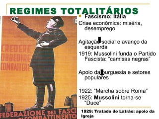 REGIMES TOTALITÁRIOS


Fascismo: Itália
Crise econômica: miséria,
desemprego
Agitação social e avanço da
esquerda
1919: Mussolini funda o Partido
Fascista: “camisas negras”
Apoio da burguesia e setores
populares
1922: “Marcha sobre Roma”
1925: Mussolini torna-se
“Duce”
1929: Tratado de Latrão: apoio da
Igreja

 