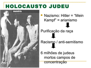 HOLOCAUSTO JUDEU


Nazismo: Hitler = “Mein
Kampf” = arianismo

Purificação da raça
Racismo / anti-semitismo
6 milhões de judeus
mortos campos de
concentração

 