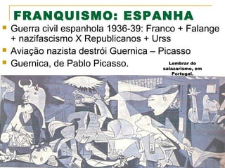 FRANQUISMO: ESPANHA






Guerra civil espanhola 1936-39: Franco + Falange
+ nazifascismo X Republicanos + Urss
Aviação nazista destrói Guernica – Picasso
Lembrar do
Guernica, de Pablo Picasso.
salazarismo, em
Portugal.

 