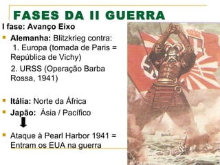 FASES DA II GUERRA

I fase: Avanço Eixo
 Alemanha: Blitzkrieg contra:
1. Europa (tomada de Paris =
República de Vichy)
2. URSS (Operação Barba
Rossa, 1941)





Itália: Norte da África
Japão: Ásia / Pacífico
Ataque à Pearl Harbor 1941 =
Entram os EUA na guerra

 