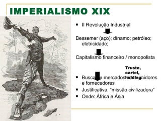 IMPERIALISMO XIX


II Revolução Industrial

Bessemer (aço); dínamo; petróleo;
eletricidade;
Capitalismo financeiro / monopolista






Truste,
cartel,
mercadosholding.
consumidores

Busca de
e fornecedores
Justificativa: “missão civilizadora”
Onde: África e Ásia

 