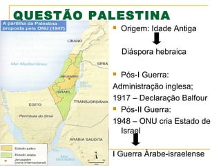 QUESTÃO PALESTINA


Origem: Idade Antiga
Diáspora hebraica

Pós-I Guerra:
Administração inglesa;
1917 – Declaração Balfour
 Pós-II Guerra:
1948 – ONU cria Estado de
Israel


I Guerra Árabe-israelense

 