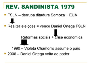 REV. SANDINISTA 1979


FSLN – derruba ditadura Somoza + EUA



Realiza eleições = vence Daniel Ortega FSLN
Reformas sociais + crise econômica



1990 – Violeta Chamorro assume o país
2006 – Daniel Ortega volta ao poder

 