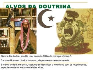 ALVOS DA DOUTRINA
BUSH

Osama Bin Laden: saudita líder da rede Al Qaeda, inimigo número 1.
Saddam Hussein: ditador iraquiano, deposto e condenado à morte.
Símbolo do Islã: em geral, costuma-se identificar o terrorismo com os muçulmanos,
especialmente os fundamentalistas xiitas.

 