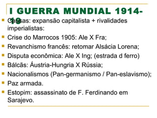 









I GUERRA MUNDIAL 1914Causas: expansão capitalista + rivalidades
19

imperialistas:
Crise do Marrocos 1905: Ale X Fra;
Revanchismo francês: retomar Alsácia Lorena;
Disputa econômica: Ale X Ing; (estrada d ferro)
Bálcãs: Áustria-Hungria X Rússia;
Nacionalismos (Pan-germanismo / Pan-eslavismo);
Paz armada.
Estopim: assassinato de F. Ferdinando em
Sarajevo.

 
