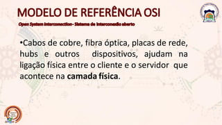 •Cabos de cobre, fibra óptica, placas de rede,
hubs e outros dispositivos, ajudam na
ligação física entre o cliente e o servidor que
acontece na camada física.
 