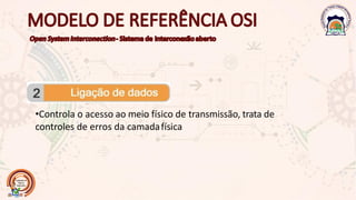 •Controla o acesso ao meio físico de transmissão, trata de
controles de erros da camadafísica
 