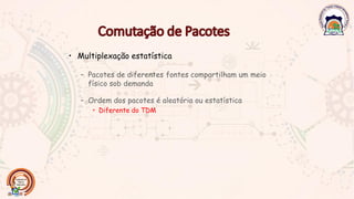 • Multiplexação estatística
– Pacotes de diferentes fontes compartilham um meio
físico sob demanda
– Ordem dos pacotes é aleatória ou estatística
• Diferente do TDM
 
