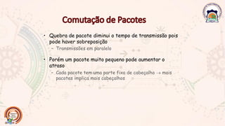 • Quebra de pacote diminui o tempo de transmissão pois
pode haver sobreposição
– Transmissões em paralelo
• Porém um pacote muito pequeno pode aumentar o
atraso
– Cada pacote tem uma parte fixa de cabeçalho → mais
pacotes implica mais cabeçalhos
 