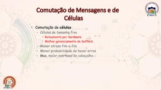 • Comutação de células
– Células de tamanho fixo
• Roteamento por hardware
• Melhor gerenciamento de buffers
– Menor atraso fim-a-fim
– Menor probabilidade de haver erros
– Mas, maior overhead do cabeçalho
 